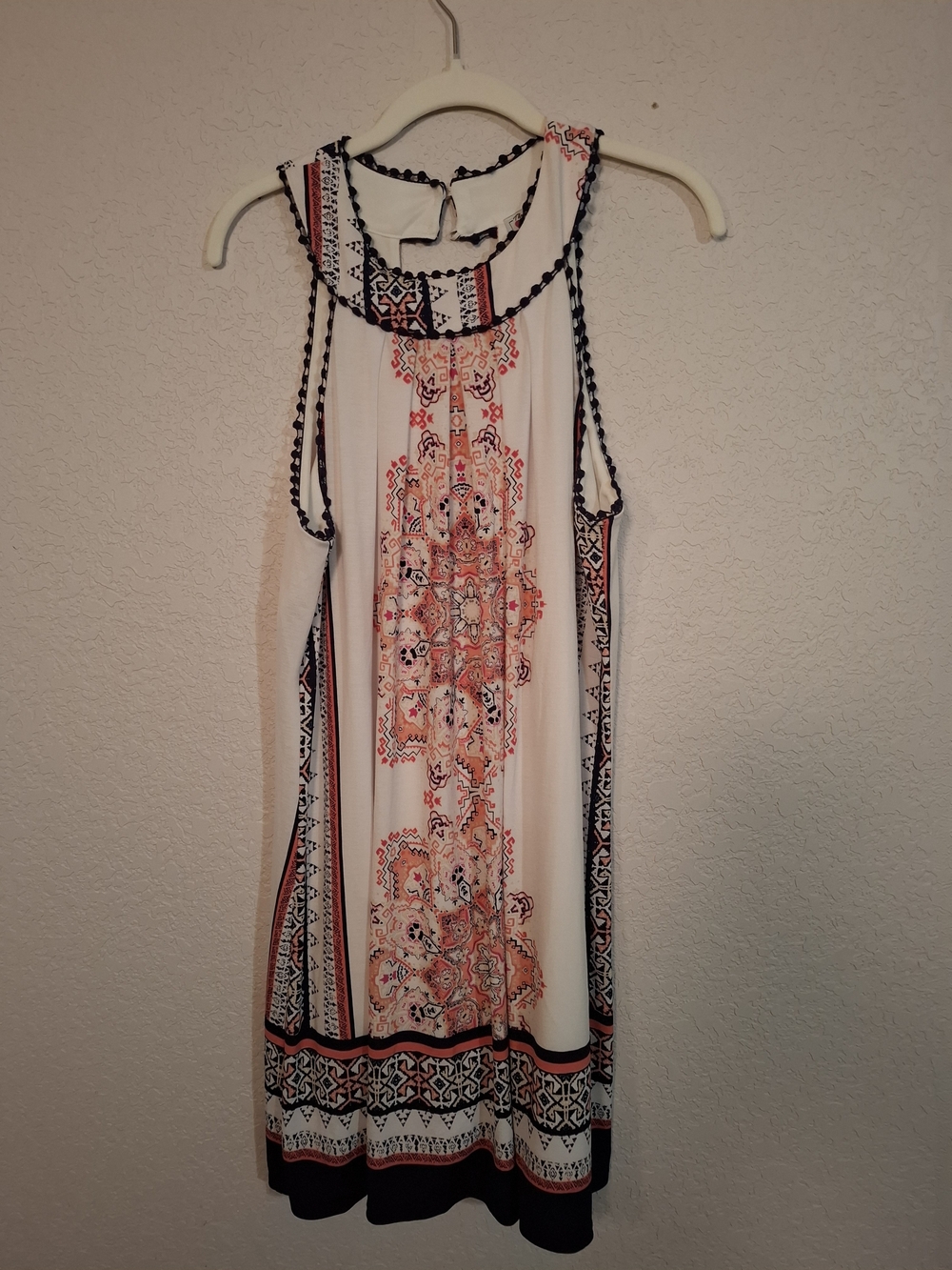 Trixxi White Sleeveless Dress with Coral and Navy Print